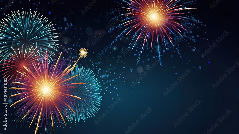 Poster fireworks on blue background with stars and space for text