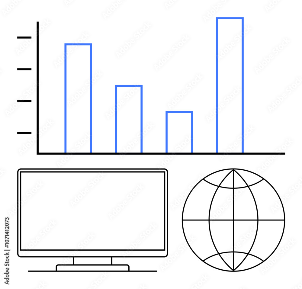 Poster bar graph showing increasing data, a computer monitor, and a globe. ideal for business analytics, gl