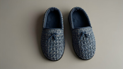 Dark blue indoor slippers on gray background, cozy and elegant textured comfort footwear