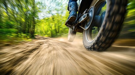 Naklejka premium Dynamic dirt trail with a fast-spinning motorbike tire, intense action and motion in an off-road scene.