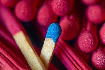 A single blue matchstick among red ones, depicting leadership, high contrast in primary colors