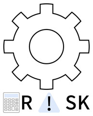 Gear symbol with calculator, caution sign, and the word RISK. Ideal for finance, engineering, business strategy, risk assessment, process optimization, project management operational efficiency