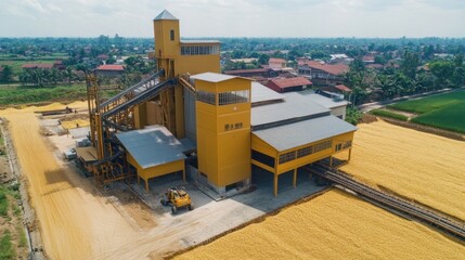 Efficient rice mill design with high-tech milling equipment, focusing on productivity and modern processing techniques
