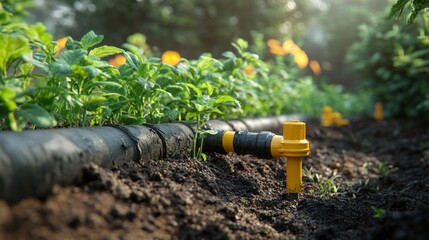 Efficient underground irrigation system with yellow tap and elbow connection for water flow.