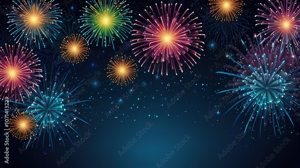 Poster fireworks on blue background with stars and space for text