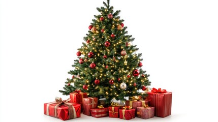 Elegant Christmas tree decorated with festive lights and ornaments, surrounded by gifts, against a simple white background
