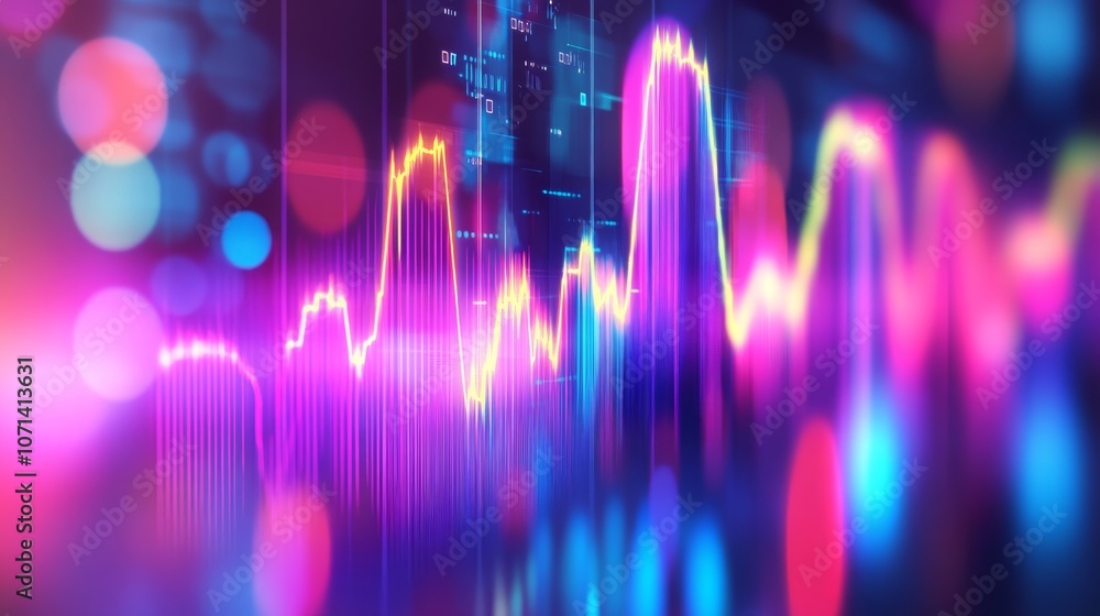 Poster colorful sound wave visualizations representing audio frequencies in a vibrant digital environment