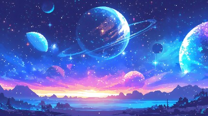Fototapeta premium Starry galaxy with pixel art stars, planets, and cosmic textures