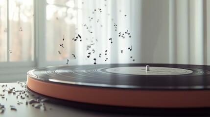 Nostalgic Vinyl Record Player with Flying Notes in Soft Light