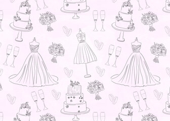 Hand drawn wedding themed seamless pattern.