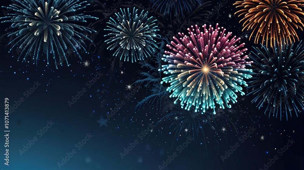 Poster fireworks on blue background with stars and space for text