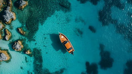 Aerial view of a boat anchored in turquoise water with rocky islands.