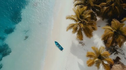 Aerial view of a boat on a pristine white sand beach with palm trees and turquoise water.