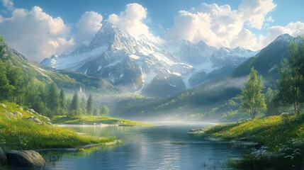 Fototapeta premium Serene mountain landscape with a lake and lush greenery.