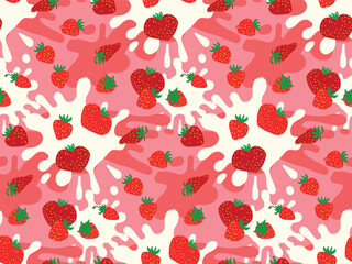 Bright seamless pattern of strawberries and splashes, perfect for textiles, wrapping paper, stationery, and summer-themed projects.