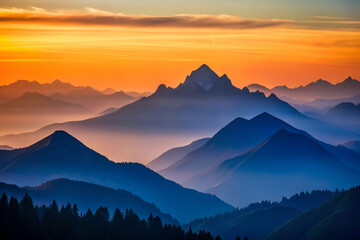 Obraz premium A breathtaking view of layered mountains bathed in golden sunset light, creating a serene and tranquil atmosphere.