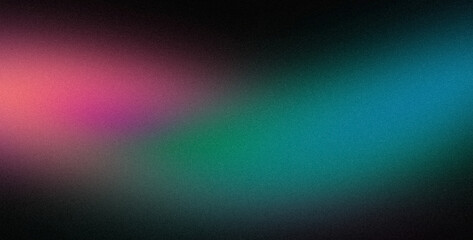 Abstract glowing magenta purple green color grainy gradient backdrop. Dark wave shaped color flow noisy curved texture, vibrant colors, website header design, poster, banner, cover