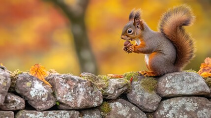 Squirrel Enjoying Nut in Autumn Landscape