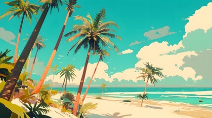 Fototapeta premium Vibrant tropical beach banner, with white sand and tall coco palms under the sunlit sky in a lofi style.