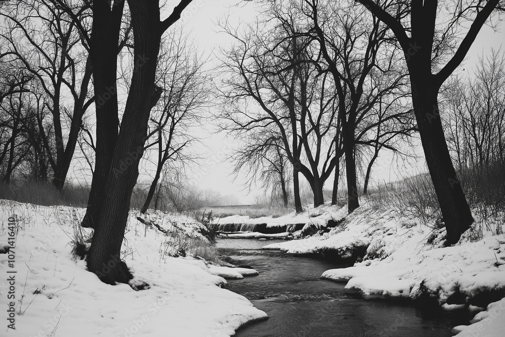 Poster trees and a small stream in winter
