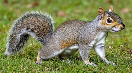 Fototapeta premium Cute Squirrel on Green Grass in Natural Habitat