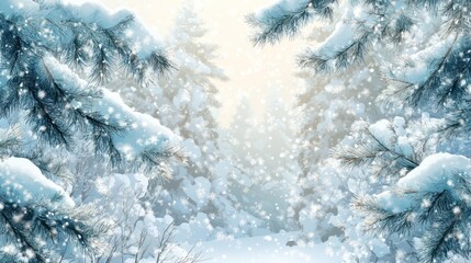 Frosty pine trees background, snow-covered branches creating a calm winter landscape.