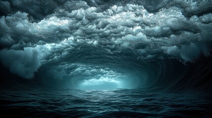 Dramatic Ocean Wave Tunnel Underwater Seascape Dark Blue Water
