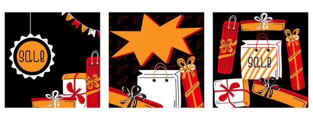 Fototapeta premium Set of square sale cards in black, red, orange colors with gift boxes, price tags, and Sale hand written text. Perfect for social media post, seasonal promotion, discount, shopping event, Black Friday