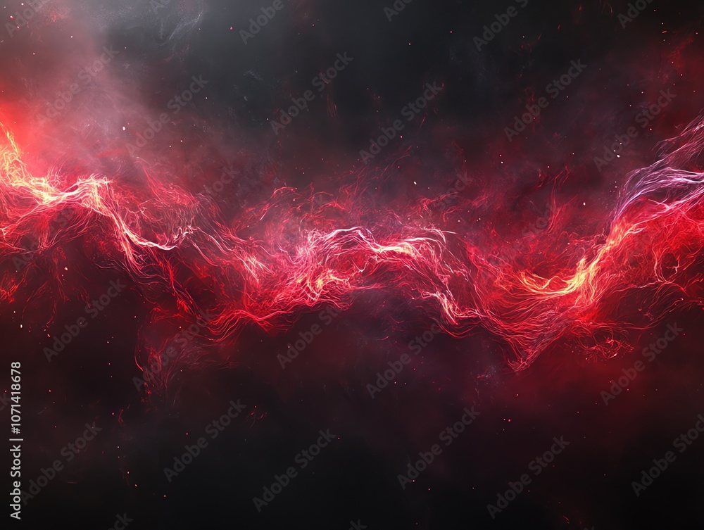 Poster abstract background of red and orange swirling flames in a dark space with white particles.