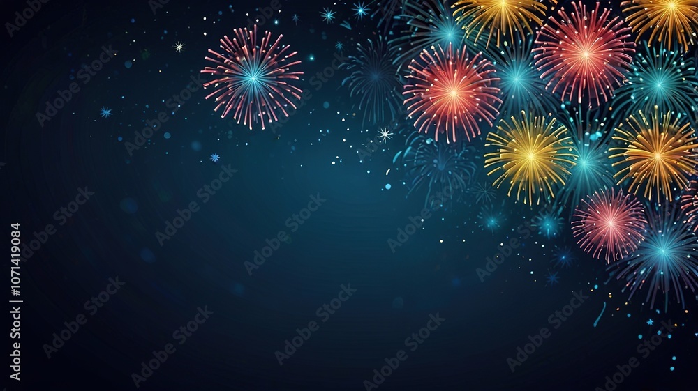 Poster fireworks on blue background with stars and space for text