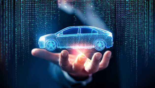 Digital Car Innovation: A hand gently cradles a futuristic, glowing car model, set against a backdrop of cascading binary code, symbolizing the future of automotive technology and digital innovation.