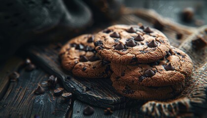 Fototapeta premium Close-up of three freshly baked chocolate chip cookies on a wooden board.