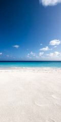 Tranquil beach setting with white sand and clear blue waters under a sunny sky