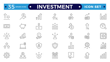 Investment outline icon set. Containing investor, mutual fund, asset, risk management, economy, financial gain, interest and stock icons. Stockbroker,  investor. Editable stroke outline icon.