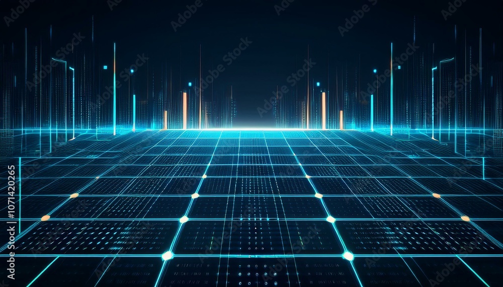 Poster digital grid: a futuristic landscape of glowing blue and orange lines forming a digital grid, creati