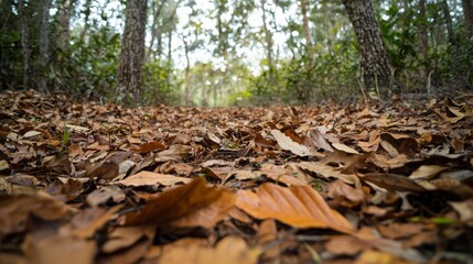 Autumn Forest Path with Fallen Leaves on Ground