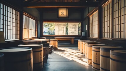 Traditional Japanese Sake Brewery with Rows of Wooden Barrels and Soft Natural Lighting