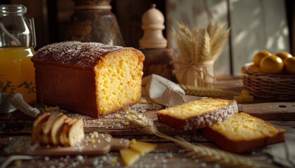 Fototapeta premium A loaf of freshly baked cornbread with slices and powdered sugar on a wooden table.