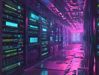 Futuristic High Tech Data Center with Pulsing LED Displays and Dramatic Chiaroscuro Lighting