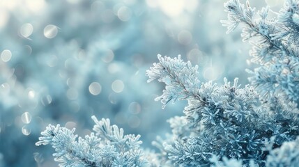 A close-up of frosted branches, showcasing a serene winter scene with soft bokeh effects.