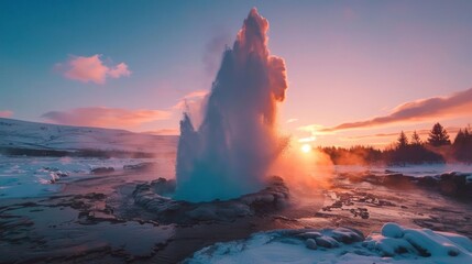 A geyser erupts against a colorful sunset, surrounded by snow-covered terrain and trees.