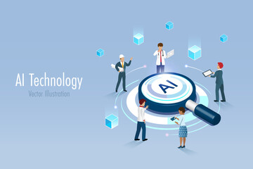 Diverse people using AI magnifying glass as powerful search engine for smart data analyzing. Artificial intelligence innovation technology to define smart solution. 3D vector.