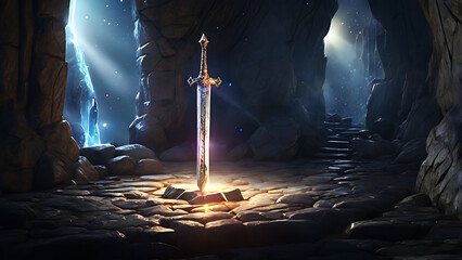 Obraz premium King Arthur’s Excalibur – Illustration of a Majestic Sword Embedded in Stone with Glowing Light Beaming Outwards