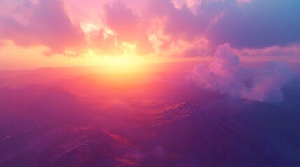 Naklejka premium Ethereal Volcanic Landscape with Vibrant Sunset Hues and Billowing Steam Plumes