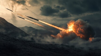 Heavy artillery rocket attack from a multi-barrel system, capturing the intensity of a battlefield setup