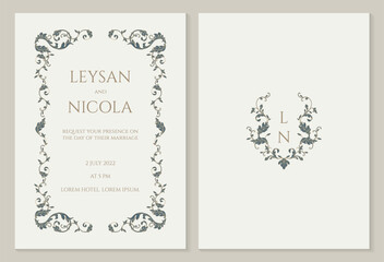 Elegant wedding invitation. Classic frame andl monogram. Floral decor.