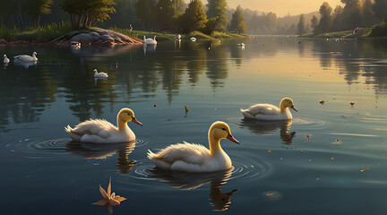 The Ugly Duckling – Illustration of a Small, Unremarkable Duckling Surrounded by Larger, Beautiful Swans on a Peaceful Lake