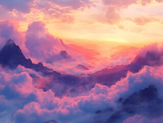 Otherworldly Volcanic Landscape Shrouded in Billowing Sunset Clouds   Aerial Viewpoint Fantasy Scene