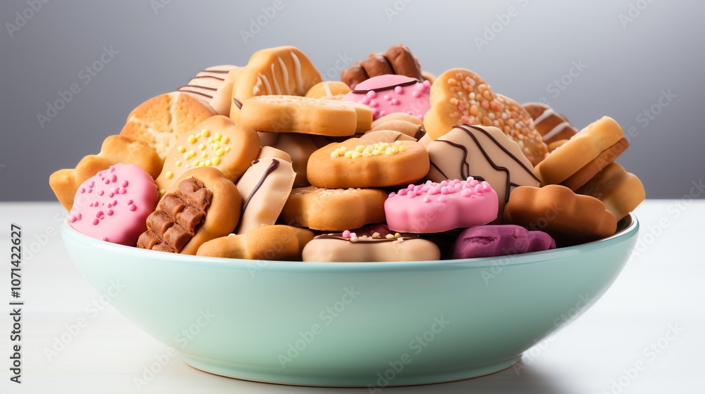 Poster a blue bowl filled with an assortment of cookies of various shapes and sizes, with some cookies havi