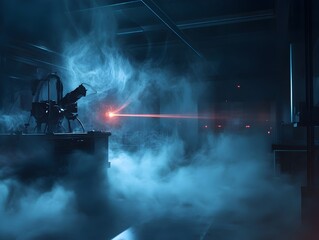 Obraz premium Dark Mysterious Physics Laboratory with Laser Beams and Swirling Smoke